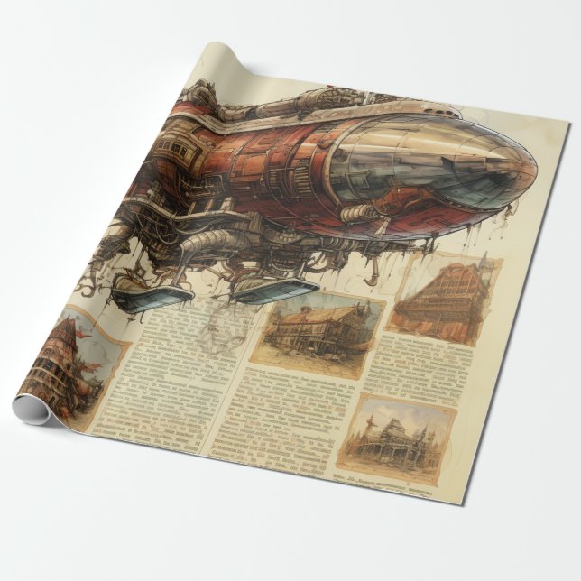 Vintage Steampunk Zeppelin (11) Papel de tejidos (Desenrollado)