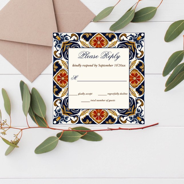 Vintage Talavera Azulejo azules Tarjetas RSVP (Vintage Talavera Azulejo Mediterranean blue tiles RSVP cards wedding invitation suite)