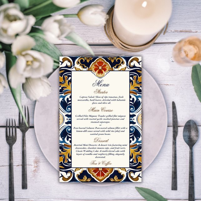 Vintage Talavera Azulejo menú boda mexicano (Vintage Talavera Azulejo blue tiles Mexican wedding menu card personalized reception table decor)
