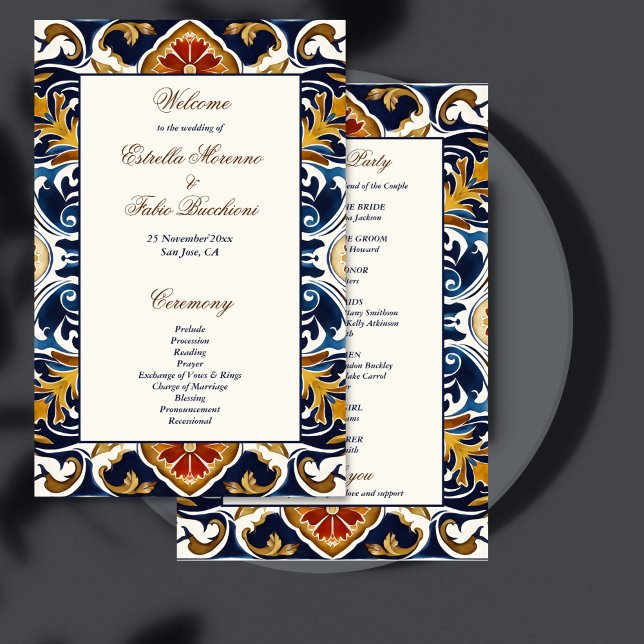 Vintage Talavera Azulejo programa de bodas mexican (Vintage Talavera Azulejo blue tiles Mexican wedding program wedding day stationery)