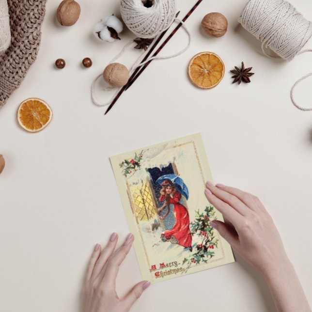 Vintage tarjeta de vacaciones Lady Red Navidades (Subido por el creador)