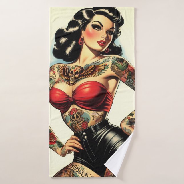 Vintage Tattooed Pin-up (Toalla de baño)