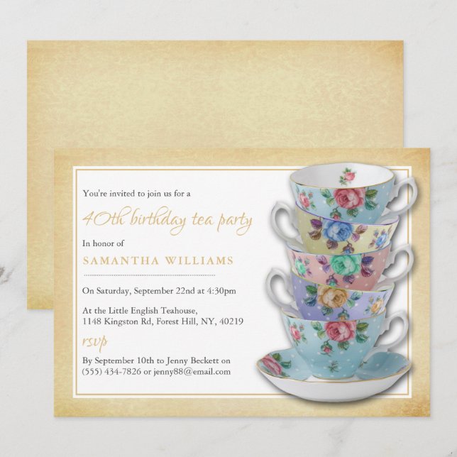 Vintage Teacups Birthday Tea Party Invitación (Anverso / Reverso)