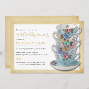 Vintage Teacups Birthday Tea Party Invitación
