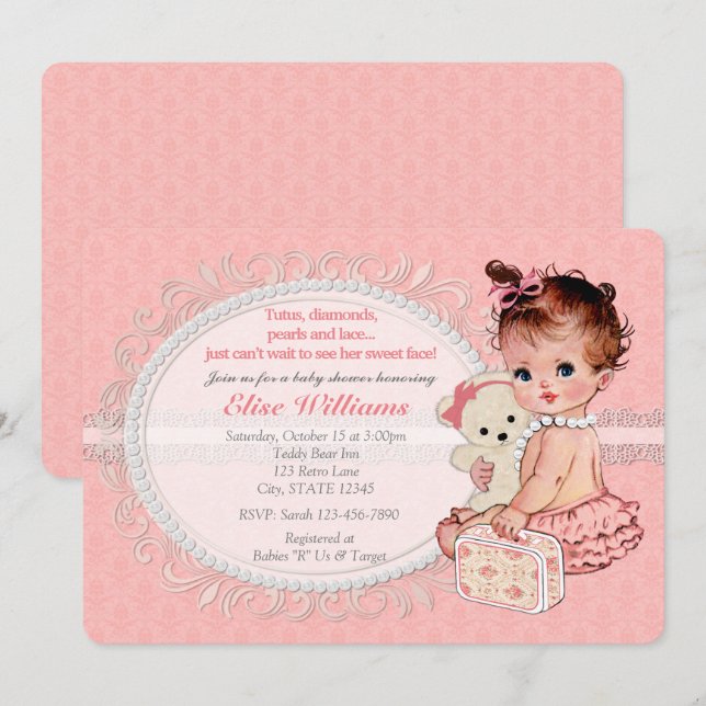 Vintage TeddyBear Chicas Baby Shower Invitaciones (Anverso / Reverso)
