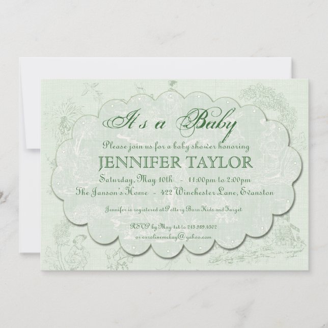 Vintage Toile Baby Shower Invitación Verde (Anverso)