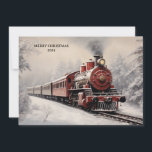 Vintage Train Winter Scene Feliz Navidad<br><div class="desc">Vintage tarjeta de felicitación navideña con la pintura de un viejo tren de pasajeros viajando a través de un bosque de pinos cubierto de nieve con nubes de humo de su humedal. El texto dice "Feliz Navidad". Personalizar con el año en curso. Personalizado en la parte posterior con su mensaje...</div>