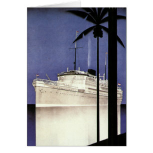 Vintage Travel Tropical Cruise Ship and Palm Trees