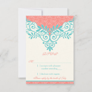 Vintage Turquoise Coral Lace Wedding RSVP Respuest
