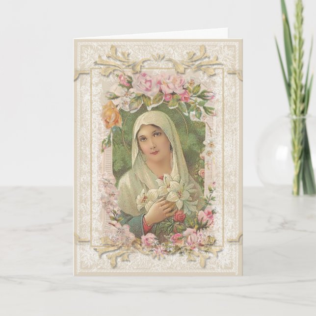Vintage Virgin Mary Floral Religiosa Tarjeta Catól (Anverso)