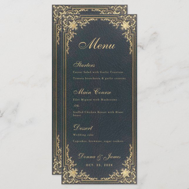 Vintage Wedding Menu - Blue Gold Elegant Script  (Anverso / Reverso)