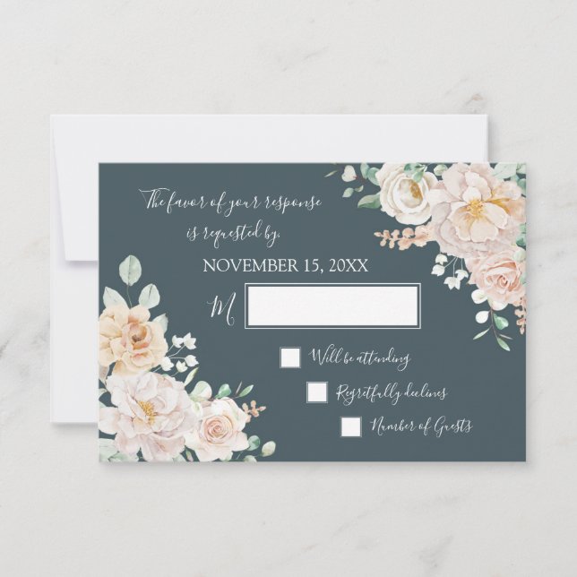 Vintage White Floral Navy Blue Wedding RSVP (Anverso)