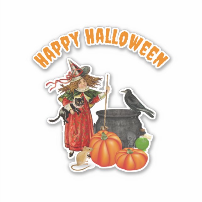 Vintage Witch Halloween Personalizado Pegatina de  (Anverso)