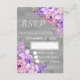 Vintage Wood Purple Floral Wedding RSVP