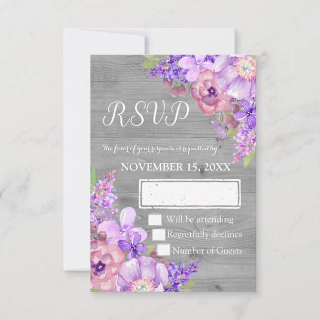 Vintage Wood Purple Floral Wedding RSVP (Anverso)