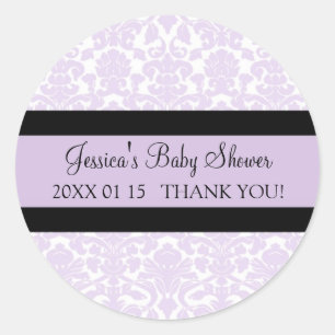 Violet Damask Baby Shower Favor Pegatinas