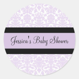 Violet Damask Baby Shower Favor Pegatinas