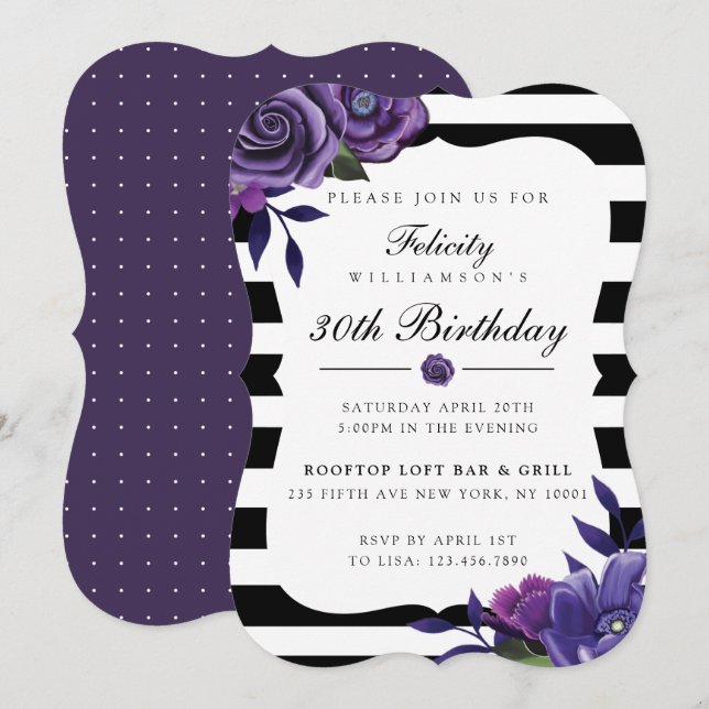 Violet Florals y Black Stripes Invitación de cumpl (Anverso / Reverso)