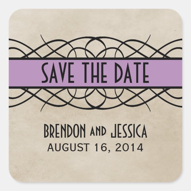 Violet Flourish Border Save the Date Pegatinas (Anverso)