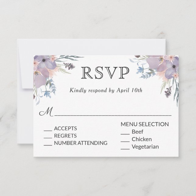 Violet Meadow Wedding RSVP con opciones de menú (Anverso)