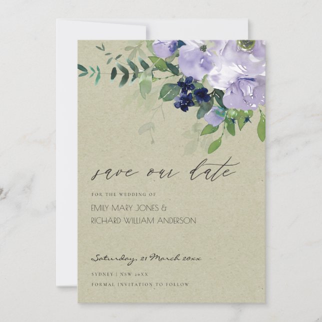 Violet Purple Floral Kraft Guardar la invitación d (Anverso)