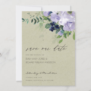 Violet Purple Floral Kraft Guardar la invitación d