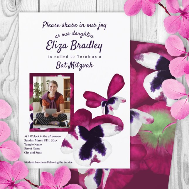 Violet & Purple Pansies Bat Mitzvah Invitación (12th birthday, photo bat mitzvah invitation, violet pink flowers, summer pansies, berry purple petal)