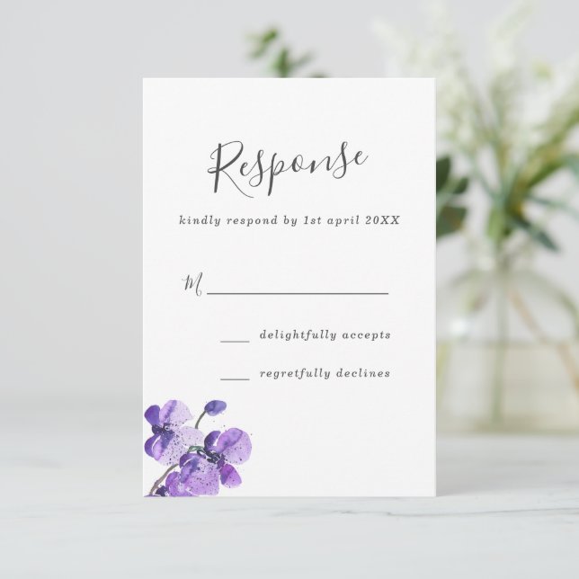 Violet Watercolor Orchids Wedds RSVP (Anverso de pie)