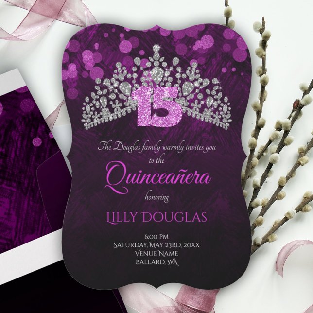 Violeta, quinceanera púrpura con invitación a Tiar (Dark purple, plum purple quinceanera, silver diamond tiara, glitter pink number 15, 15th birthday)