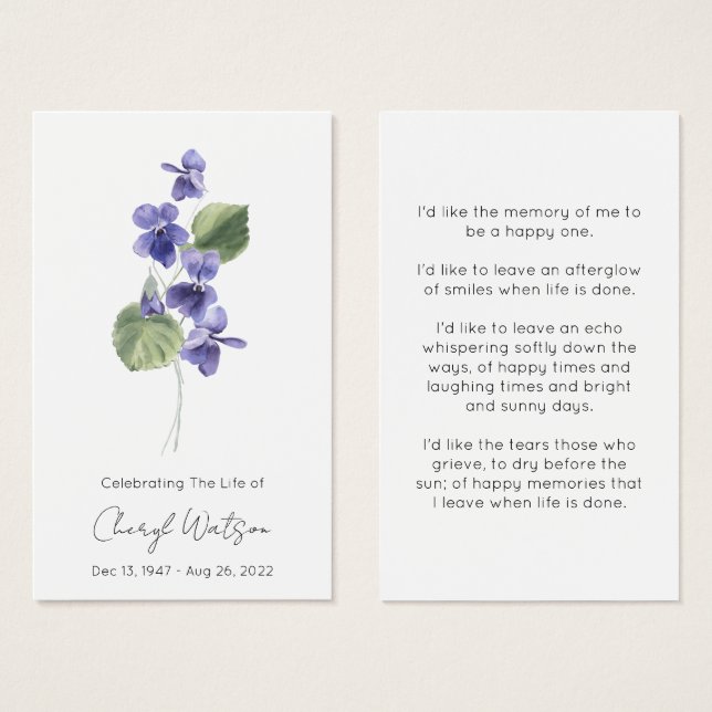 Violeta | Tarjeta de oración memorial para funeral (Anverso y reverso)