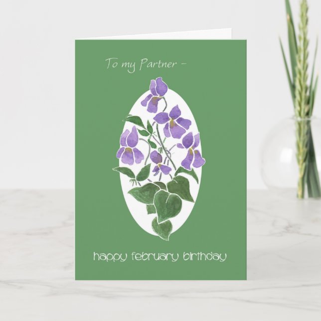Violets, tarjeta de cumpleaños de febrero para par (Anverso)
