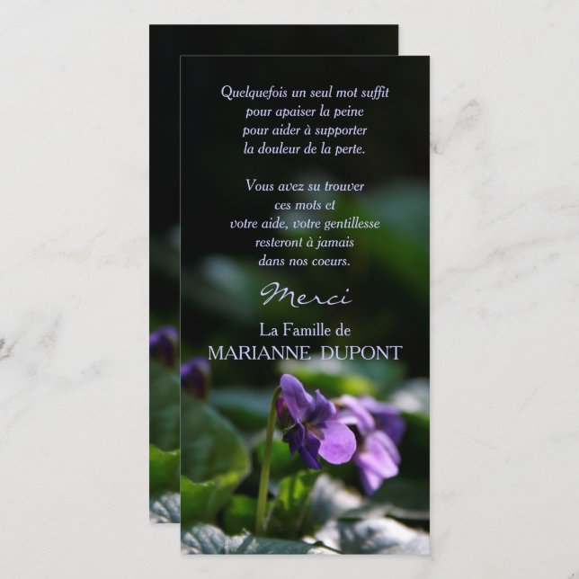 Violettes Sauvages Carte de Remerciement Deuil (Anverso / Reverso)