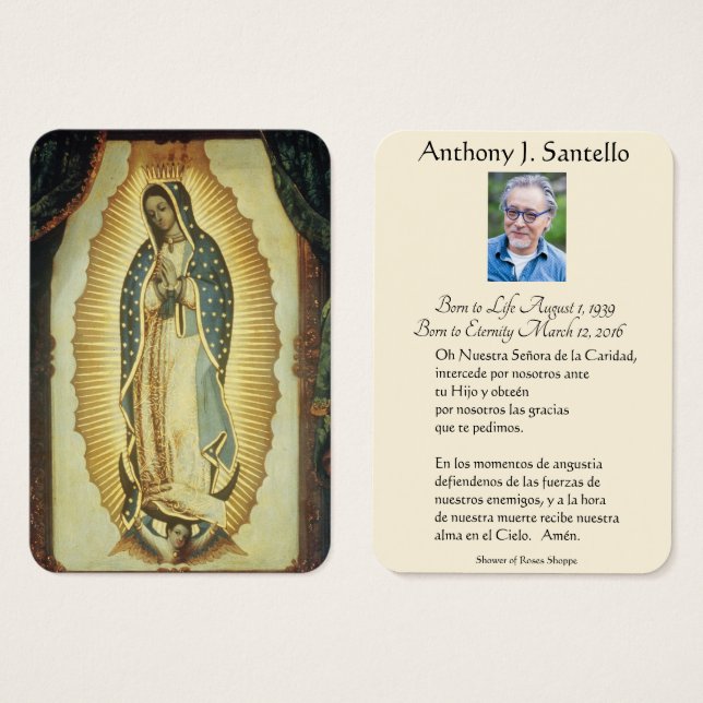 Virgen Española María Guadalupe Funeral Católico (Anverso y reverso)