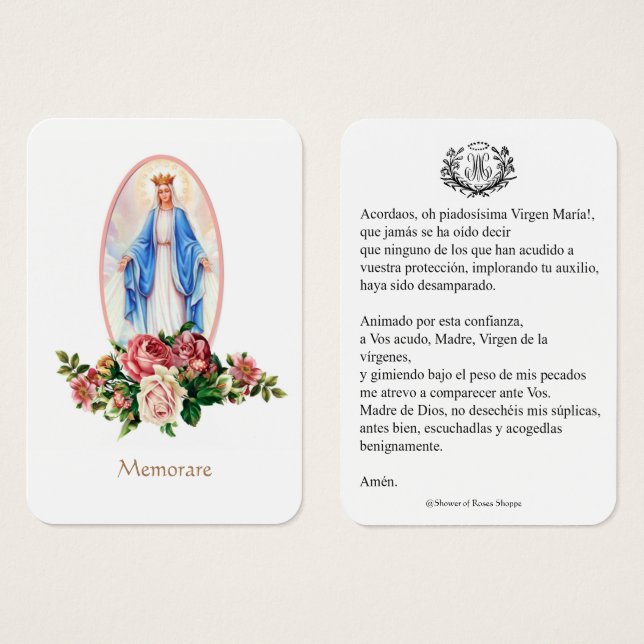 Virgen Española María Oración Memorare Santa Tarje (Anverso y reverso)