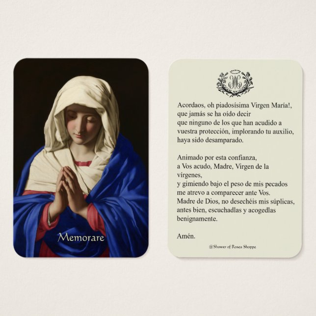Virgen Española María Oración Memorare Santa Tarje (Anverso y reverso)