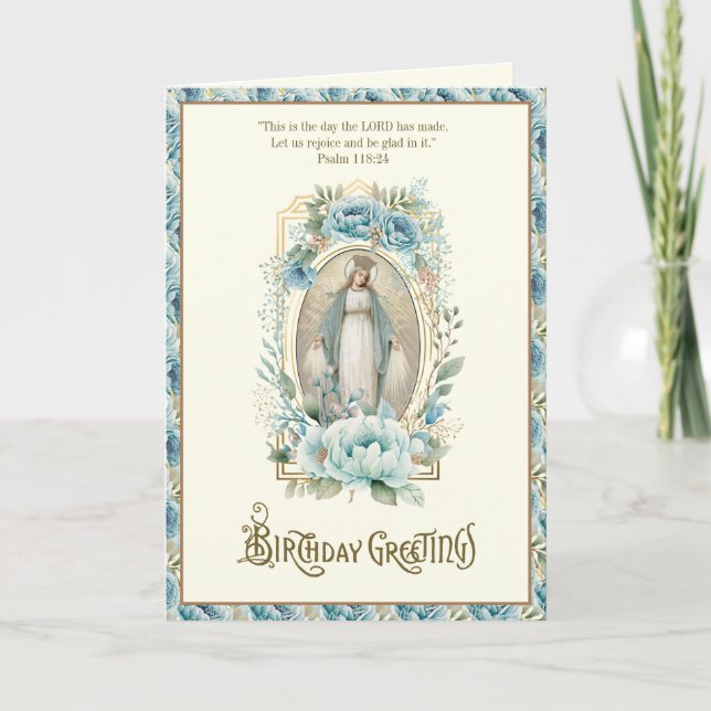 Virgen Floral Azul de Cumpleaños Religiosa (Anverso)