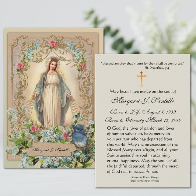 Virgen María Católica Funeral Memorial Tarjeta San (Traditional Catholic Funeral Prayer Card of the Blessed Virgin Mary, Our Lady of Grace)