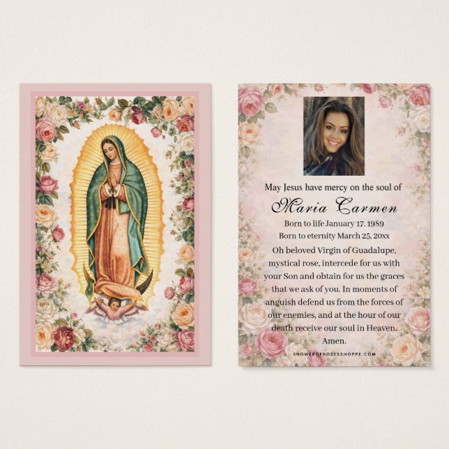 Virgen religiosa María Guadalupe Funeral Católico (Anverso y reverso)