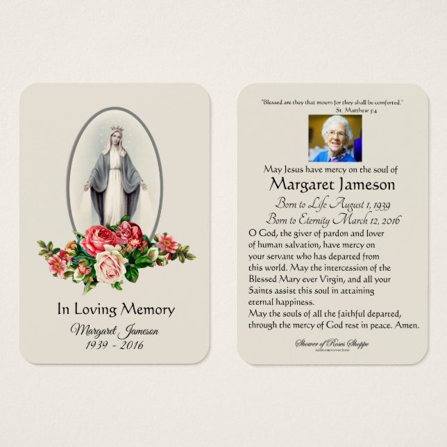 Virgin Mary Floral Funeral Memorial Tarjeta Santa  (Anverso y reverso)