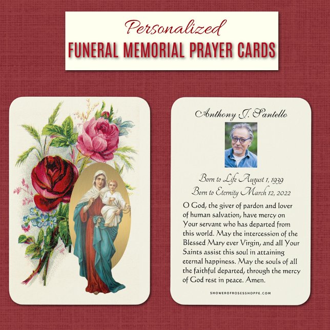 Virgin Mary Funeral Memorial Oración Santa Tarjeta (Catholic Funeral Memorial Prayer Cards with Jesus and Queen of the Holy Rosary
)