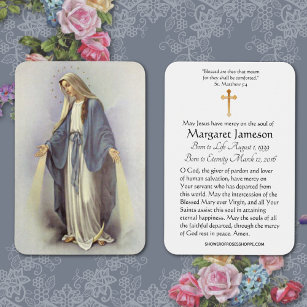Virgin Mary Funeral Memorial Oración Tarjeta Santa