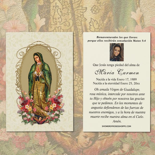 Virgin México Guadalupe Oración Funeral Española (Spanish Catholic Our Lady of Guadalupe Funeral Prayer Card)