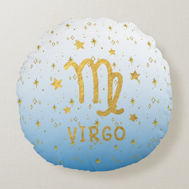 Virgo Zodiac Almohada redonda azul y dorada (Anverso)