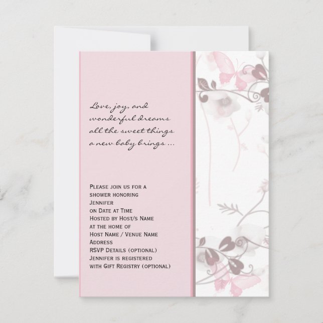 Visiones de mariposas en invitación rosa de Baby S (Anverso)