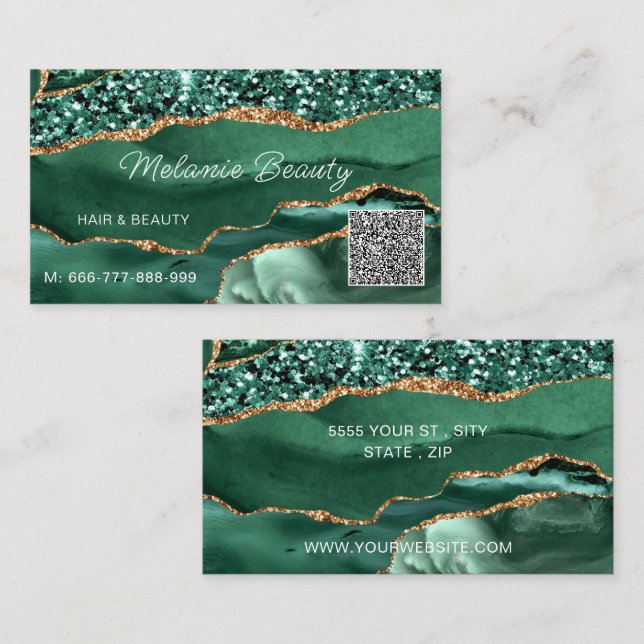 Visita Agate Green Gold Sparkle QR Code tarjeta de presen (Anverso / Reverso)