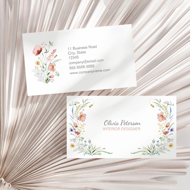 Visita Boho Watercolor Wildflowers - Tarjeta de presentac (Boho Watercolor Wildflowers Business Card on a sunny neutral dry palm leaf.)