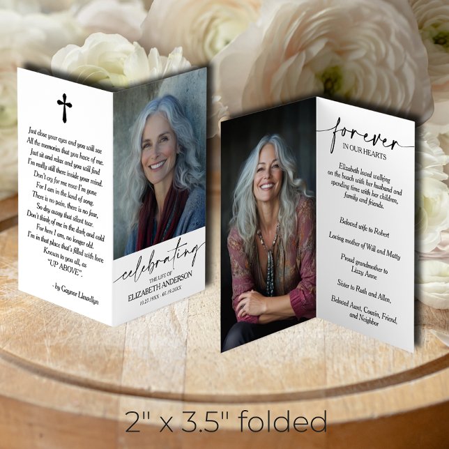 Visita Celebrando la vida de la tarjeta de fotos conmemor (SMALL Celebrating the Life of memorial photo folded cards, 2" x 3.5" finished size)