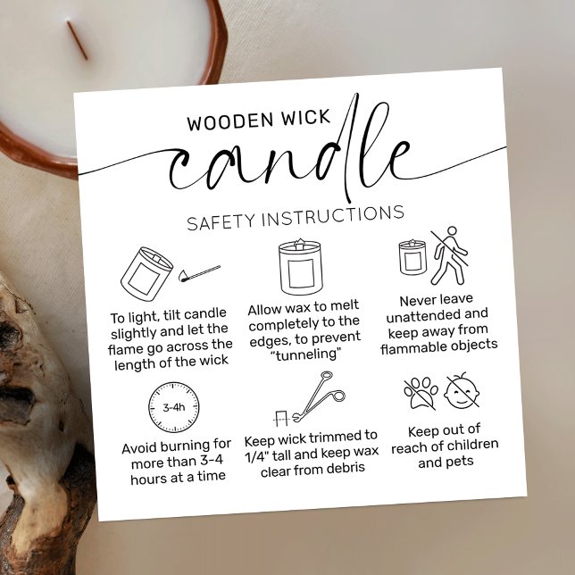 Visita Cuadrada Cuidado de la Vela de Madera Gracias Tarjeta Elega (Wooden wick candle care instructions cards with icons, elegant script font and minimalist aesthetic)