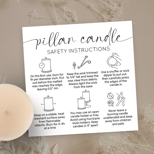 Visita Cuadrada Cuidado de la Vela del Pilar Gracias Tarjeta Elega (Pillar candle safety instructions cards with care icons, modern layout and space for your logo)