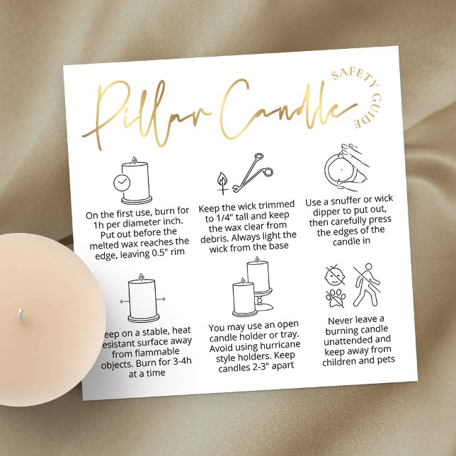 Visita Cuadrada Elegante tarjeta de asistencia para velas con logo (Elegant white and gold pillar candle care cards with icons and space for your logo)